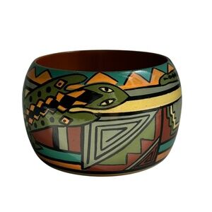 Handpainted Artisan Aztec Snake Pattern Green Brown Wide Wood Bracelet